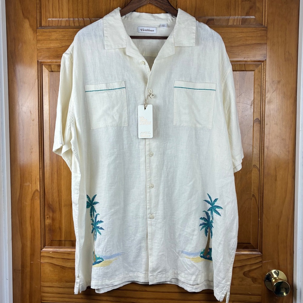 Caribbean Isle Sands Linen Blend Camp Shirt Mens XXL Cream Beach Vacation
